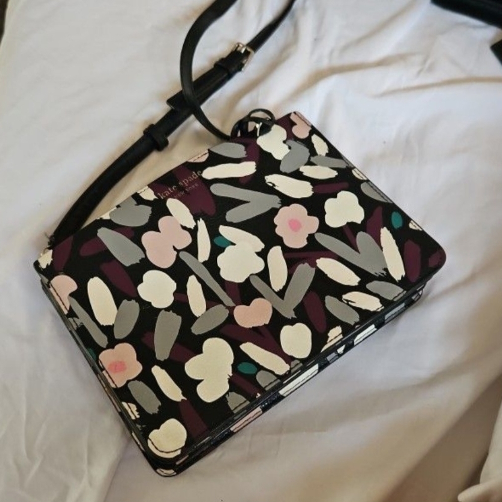 Kate Spade Black and White Crossbody Bag with Floral Design